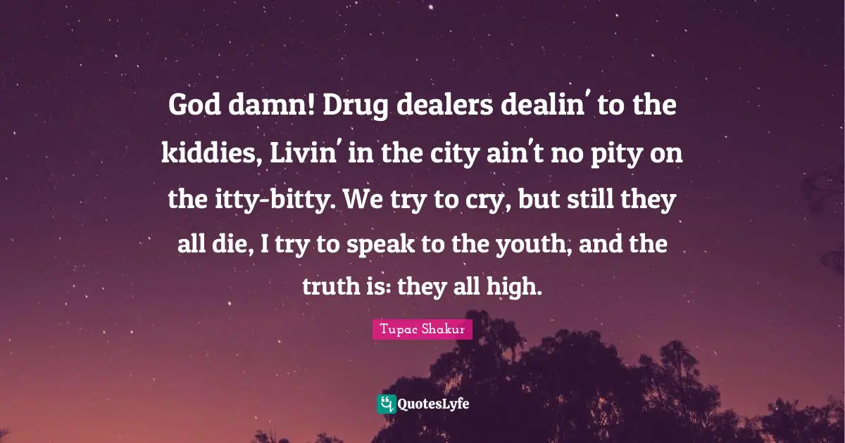 God damn! Drug dealers dealin' to the kiddies, Livin' in the city ain't no pity on the itty-bitty. We try to cry, but still they all die, I try to speak to the youth, and the truth is: they all high.