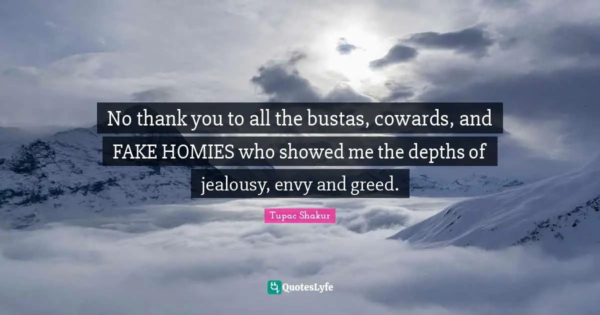 Thug Quotes: "No thank you to all the bustas, cowards, and FAKE HOMIES who showed me the depths of jealousy, envy and greed."