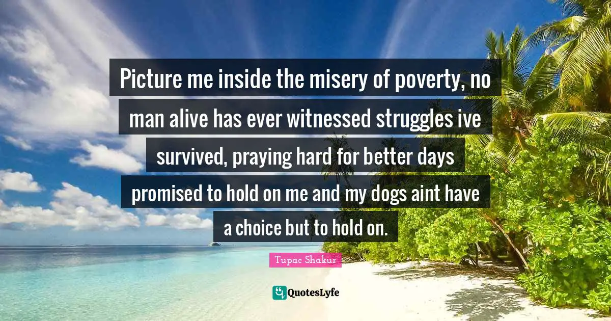 Picture me inside the misery of poverty, no man alive has ever witnessed struggles ive survived, praying hard for better days promised to hold on me and my dogs aint have a choice but to hold on.
