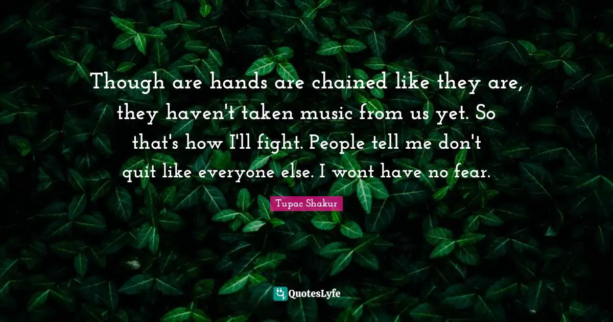 Though are hands are chained like they are, they haven't taken music from us yet. So that's how I'll fight. People tell me don't quit like everyone else. I wont have no fear.