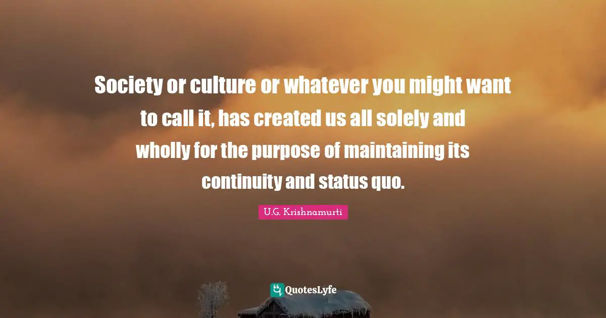 Status Quo Quotes: "Society or culture or whatever you might want to call it, has created us all solely and wholly for the purpose of maintaining its continuity and status quo."