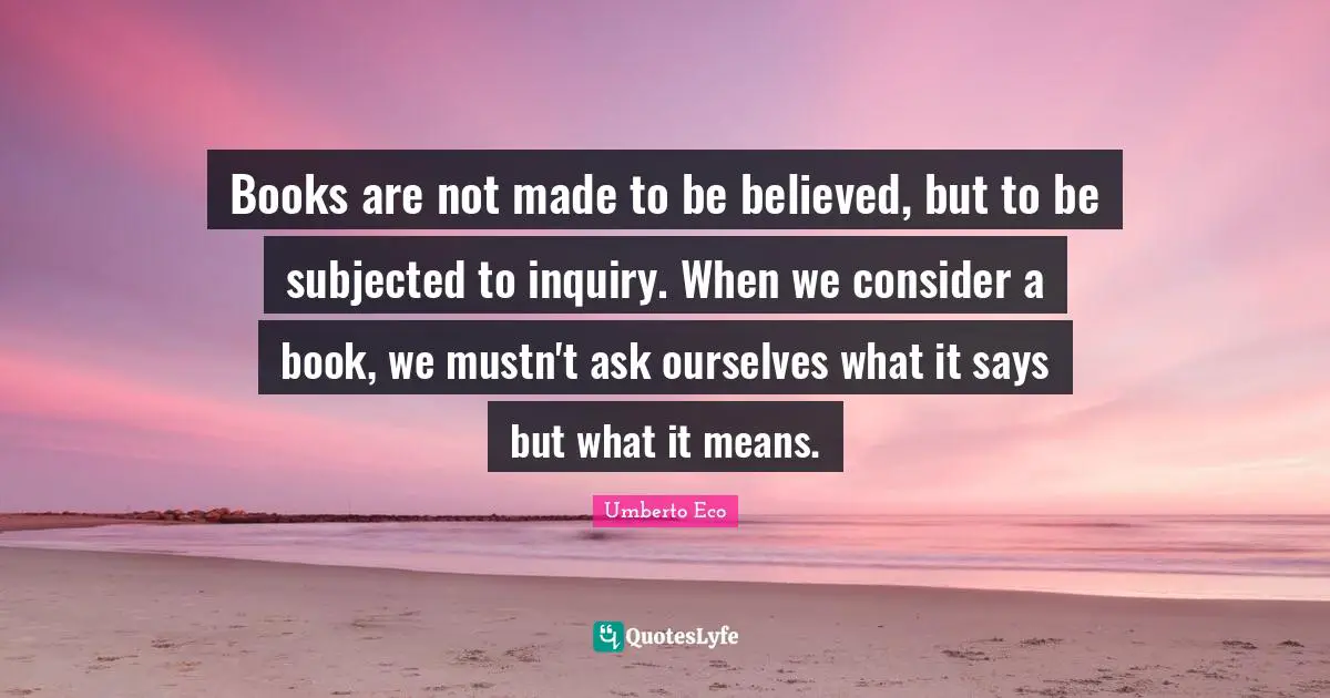 Books are not made to be believed, but to be subjected to inquiry. When we consider a book, we mustn't ask ourselves what it says but what it means.