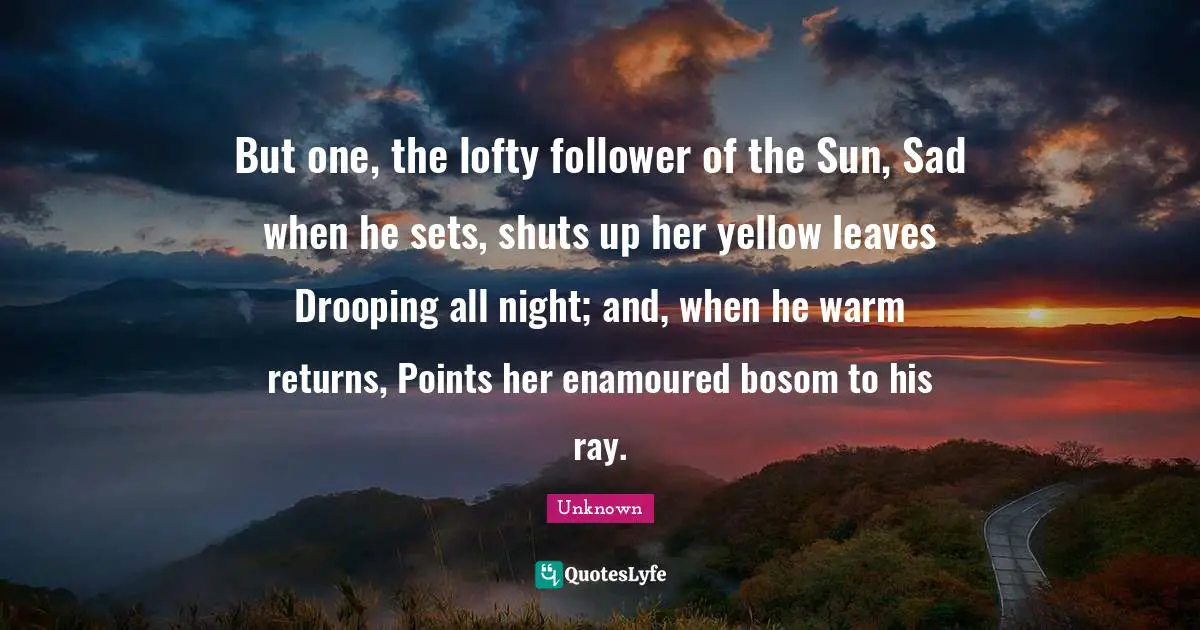 But one, the lofty follower of the Sun, Sad when he sets, shuts up her yellow leaves Drooping all night; and, when he warm returns, Points her enamoured bosom to his ray.