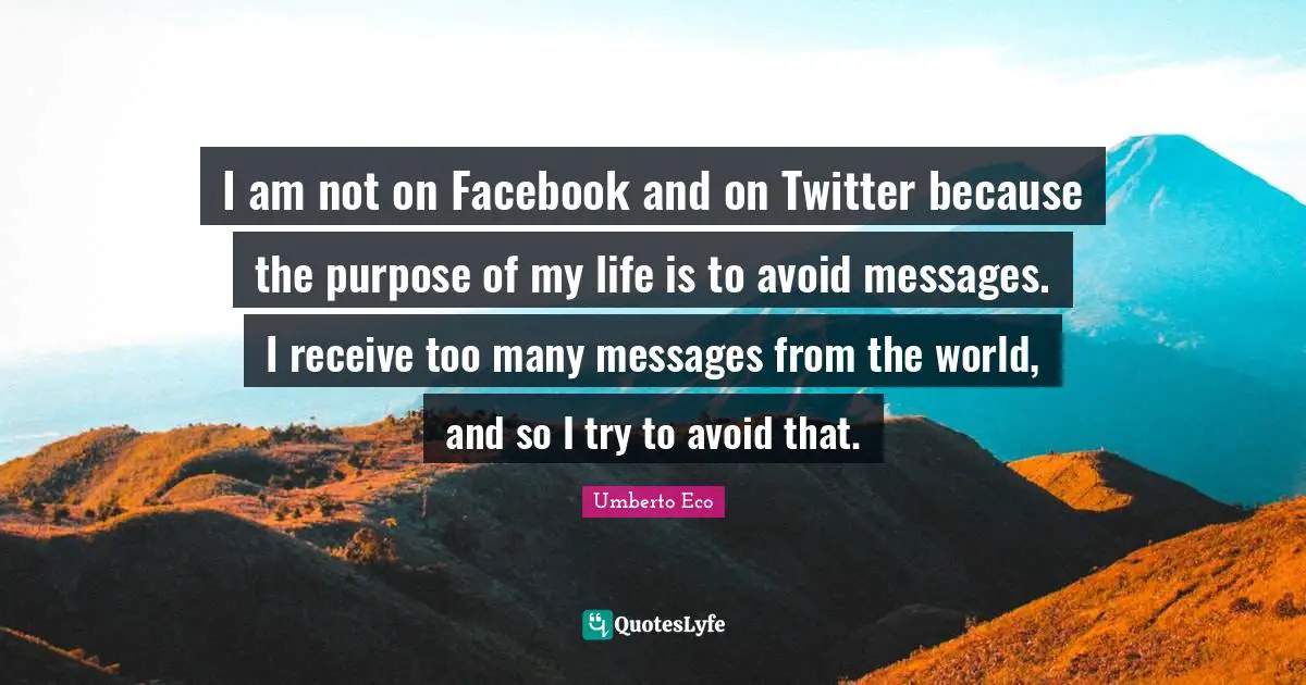 I am not on Facebook and on Twitter because the purpose of my life is to avoid messages. I receive too many messages from the world, and so I try to avoid that.