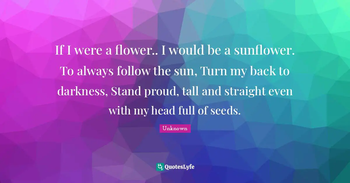 If I were a flower.. I would be a sunflower. To always follow the sun, Turn my back to darkness, Stand proud, tall and straight even with my head full of seeds.
