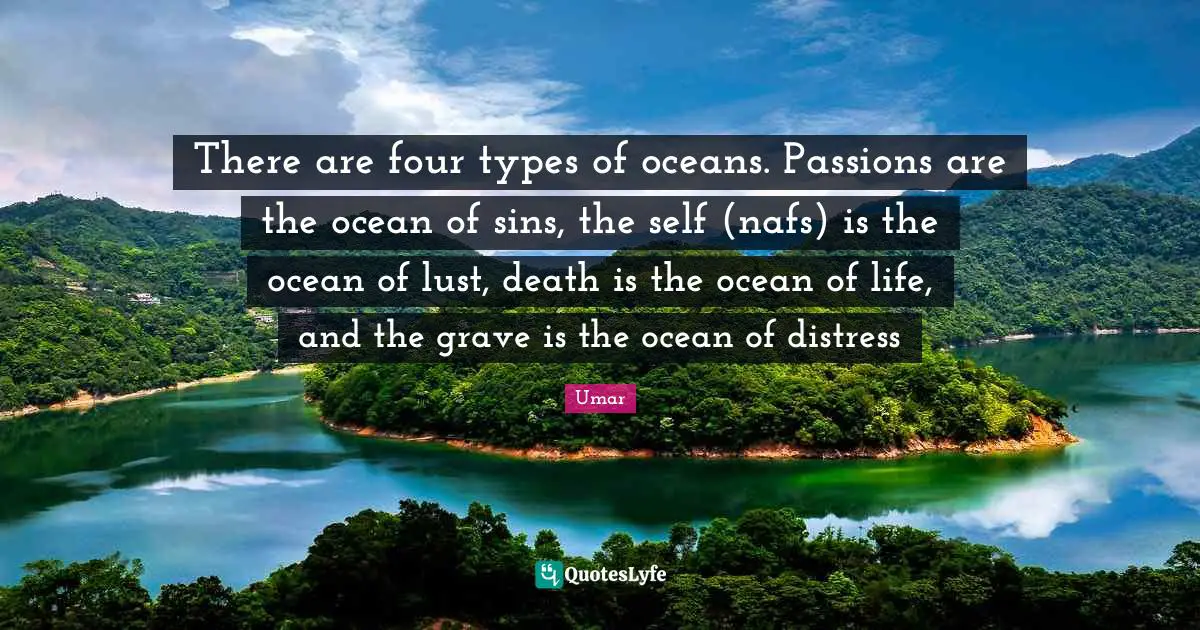 There are four types of oceans. Passions are the ocean of sins, the self (nafs) is the ocean of lust, death is the ocean of life, and the grave is the ocean of distress