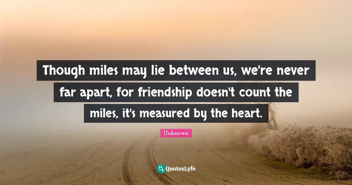 Though miles may lie between us, we're never far apart, for friendship doesn't count the miles, it's measured by the heart.