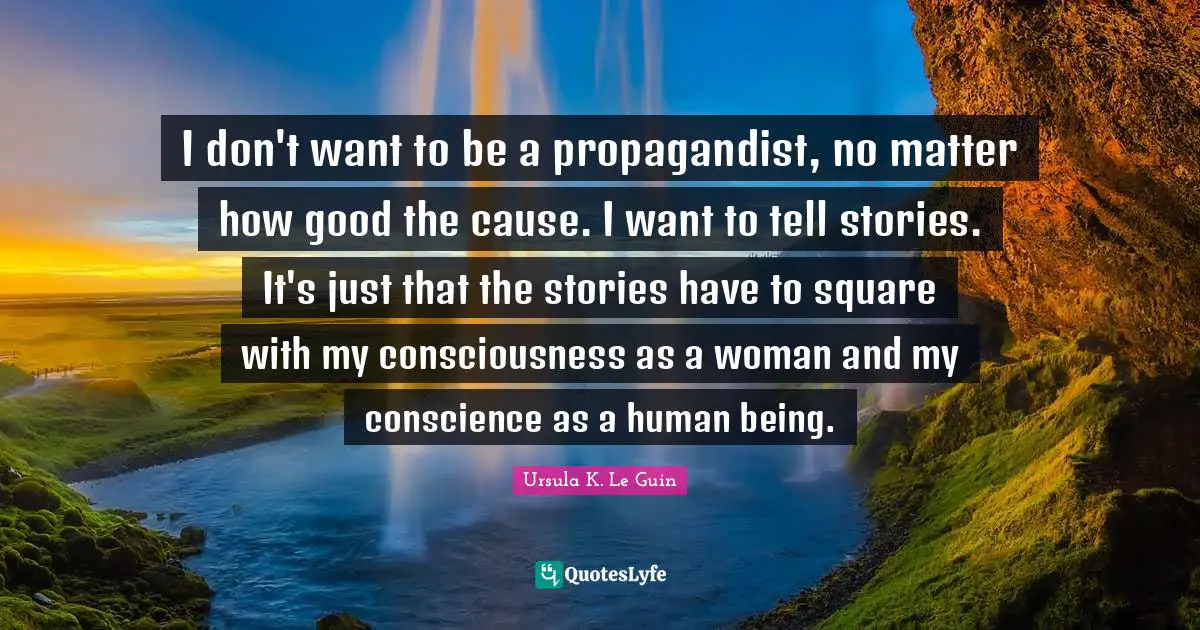 I don't want to be a propagandist, no matter how good the cause. I want to tell stories. It's just that the stories have to square with my consciousness as a woman and my conscience as a human being.