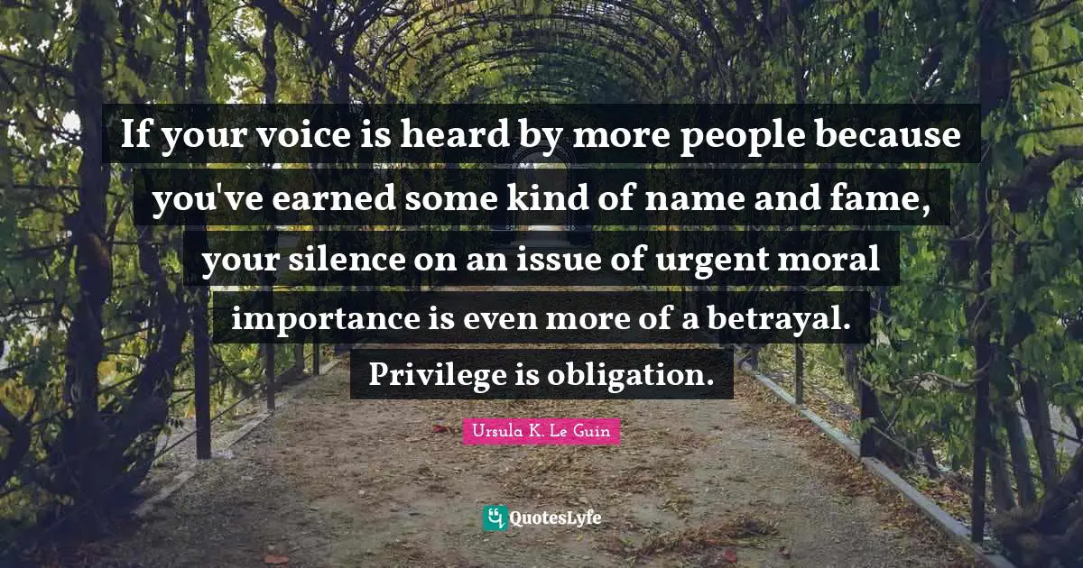 If your voice is heard by more people because you've earned some kind of name and fame, your silence on an issue of urgent moral importance is even more of a betrayal. Privilege is obligation.