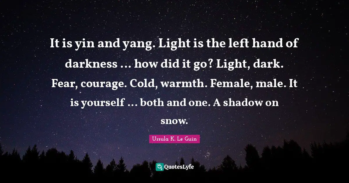 It is yin and yang. Light is the left hand of darkness ... how did it go? Light, dark. Fear, courage. Cold, warmth. Female, male. It is yourself ... both and one. A shadow on snow.