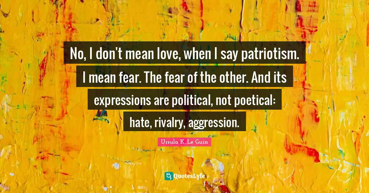 No, I don't mean love, when I say patriotism. I mean fear. The fear of the other. And its expressions are political, not poetical: hate, rivalry, aggression.