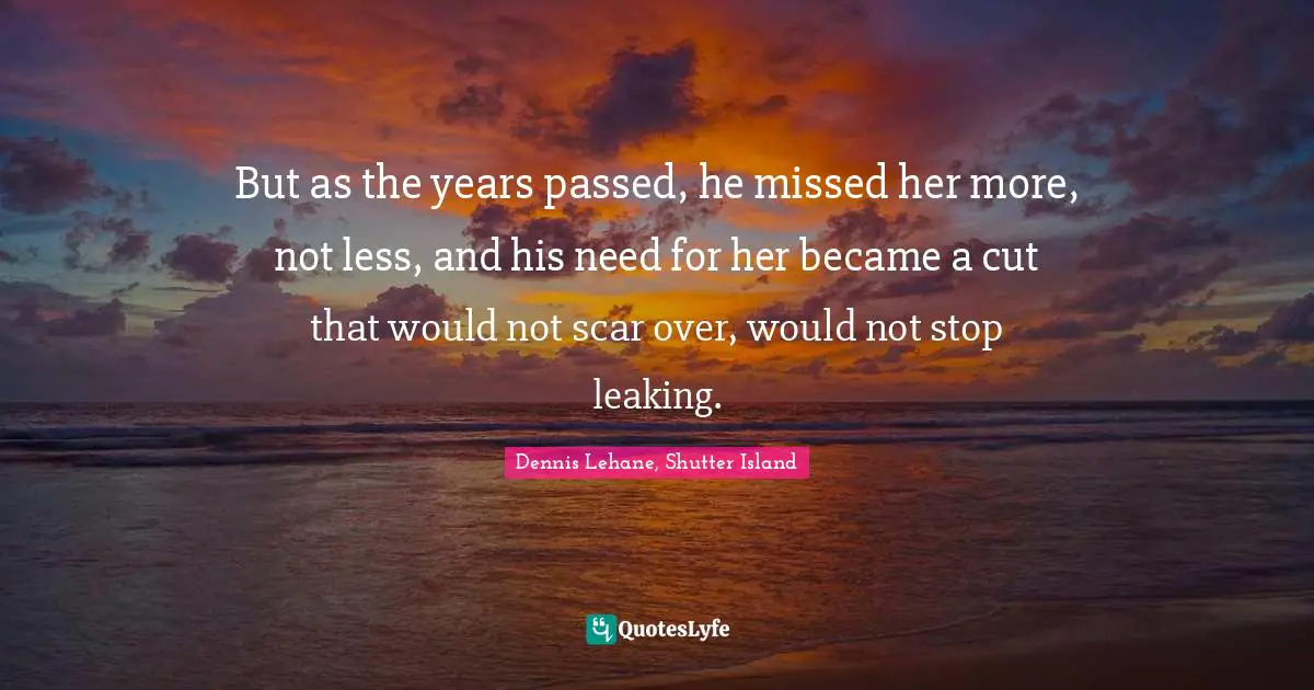 But as the years passed, he missed her more, not less, and his need for her became a cut that would not scar over, would not stop leaking.