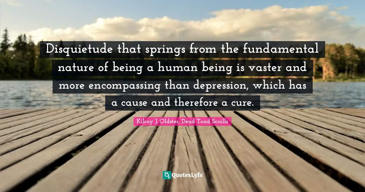 Disquietude that springs from the fundamental nature of being a human being is vaster and more encompassing than depression, which has a cause and therefore a cure.