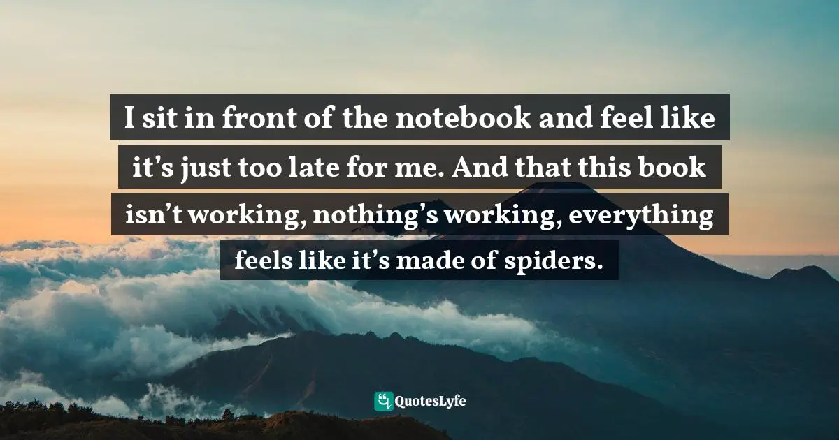 I sit in front of the notebook and feel like it’s just too late for me. And that this book isn’t working, nothing’s working, everything feels like it’s made of spiders.