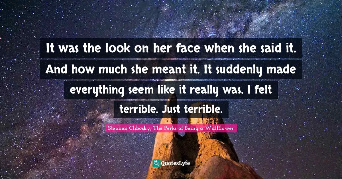 It was the look on her face when she said it. And how much she meant it. It suddenly made everything seem like it really was. I felt terrible. Just terrible.