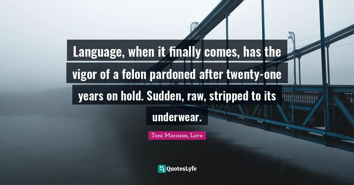 Language, when it finally comes, has the vigor of a felon pardoned after twenty-one years on hold. Sudden, raw, stripped to its underwear.