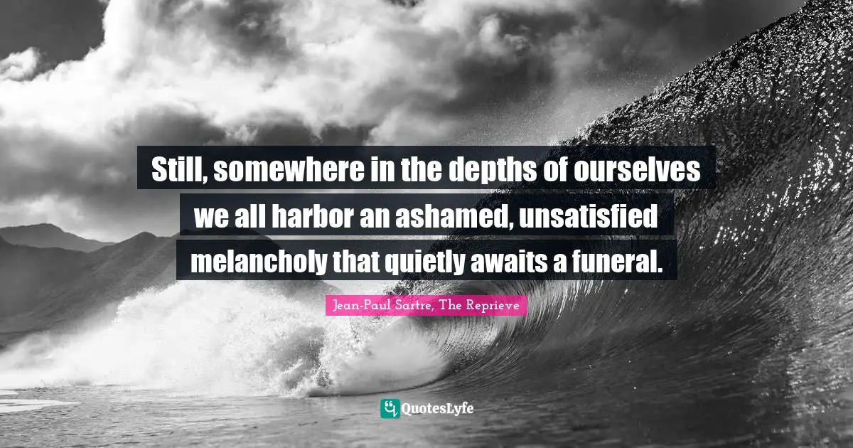 Still, somewhere in the depths of ourselves we all harbor an ashamed, unsatisfied melancholy that quietly awaits a funeral.