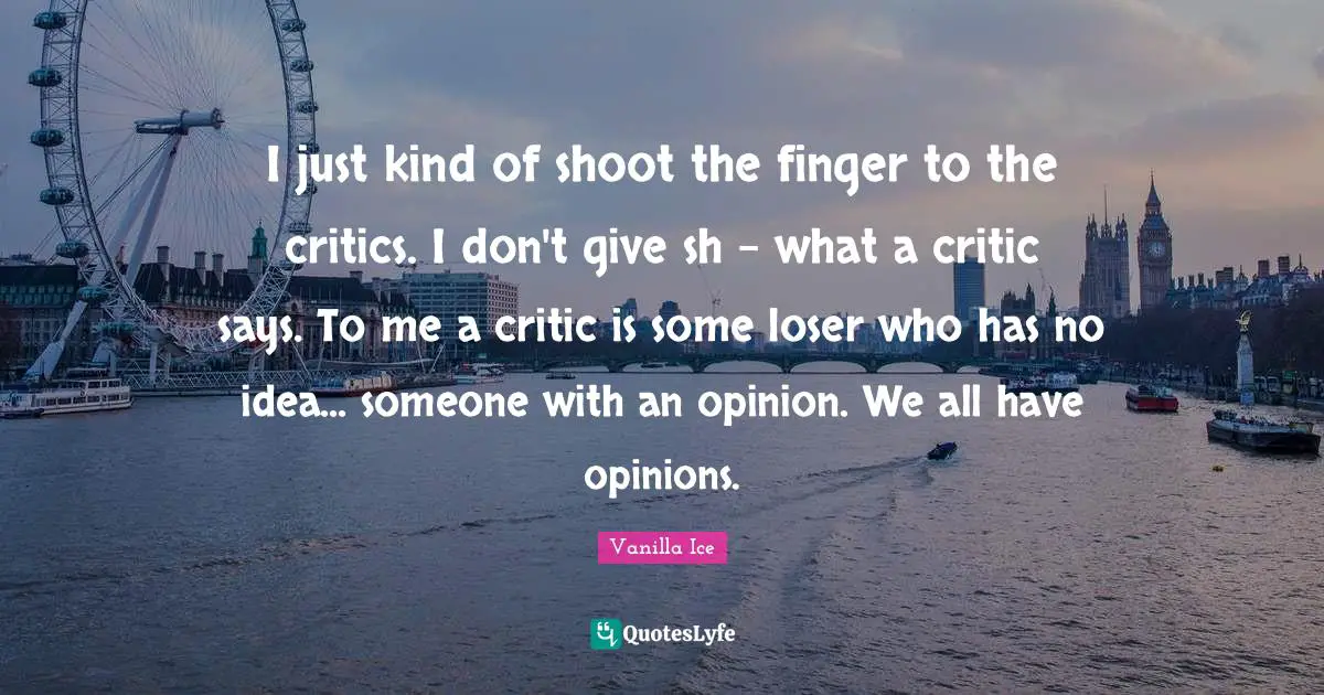 I just kind of shoot the finger to the critics. I don't give sh - what a critic says. To me a critic is some loser who has no idea... someone with an opinion. We all have opinions.