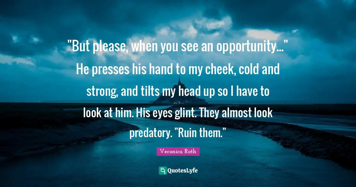 "But please, when you see an opportunity..." He presses his hand to my cheek, cold and strong, and tilts my head up so I have to look at him. His eyes glint. They almost look predatory. "Ruin them."