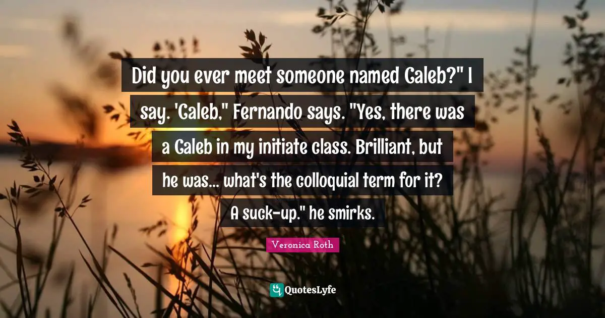 Did you ever meet someone named Caleb?" I say. 'Caleb," Fernando says. "Yes, there was a Caleb in my initiate class. Brilliant, but he was... what's the colloquial term for it? A suck-up." he smirks.