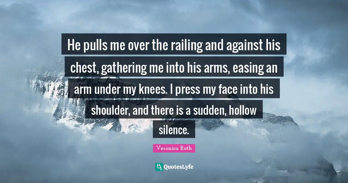 He pulls me over the railing and against his chest, gathering me into his arms, easing an arm under my knees. I press my face into his shoulder, and there is a sudden, hollow silence.