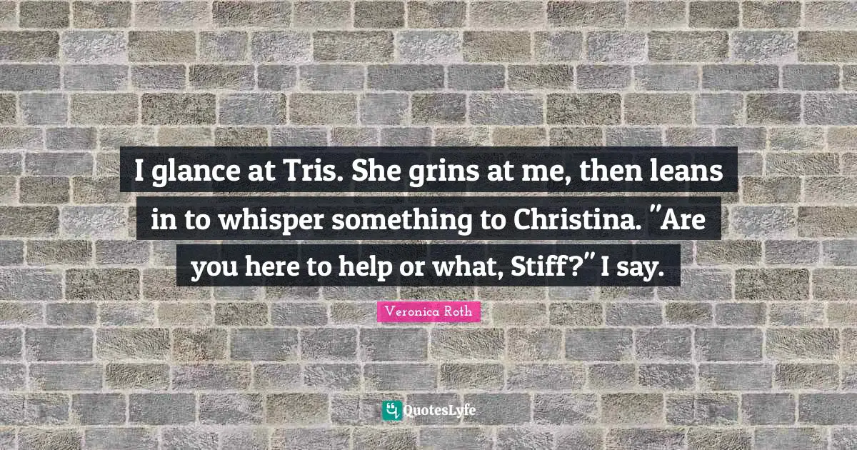 I glance at Tris. She grins at me, then leans in to whisper something to Christina. "Are you here to help or what, Stiff?" I say.