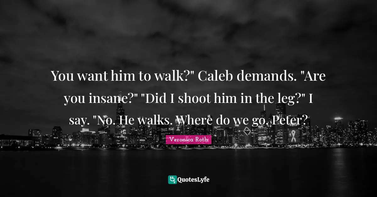 You want him to walk?" Caleb demands. "Are you insane?" "Did I shoot him in the leg?" I say. "No. He walks. Where do we go, Peter?