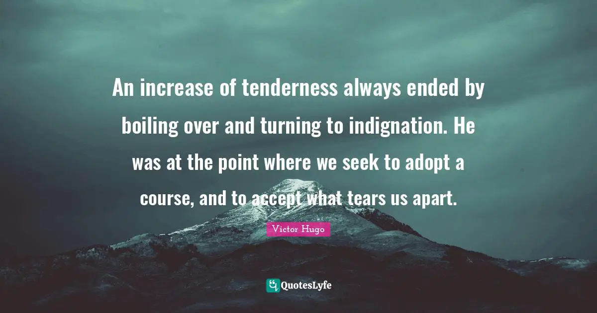 An increase of tenderness always ended by boiling over and turning to indignation. He was at the point where we seek to adopt a course, and to accept what tears us apart.