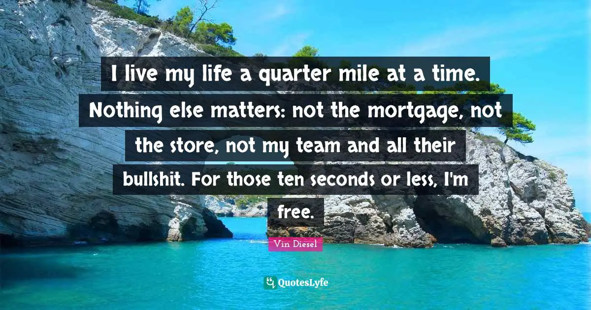 I live my life a quarter mile at a time. Nothing else matters: not the mortgage, not the store, not my team and all their bullshit. For those ten seconds or less, I'm free.