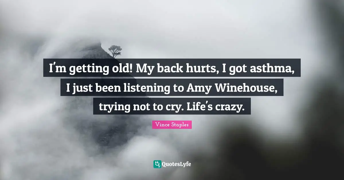Amy Quotes: "I'm getting old! My back hurts, I got asthma, I just been listening to Amy Winehouse, trying not to cry. Life's crazy."