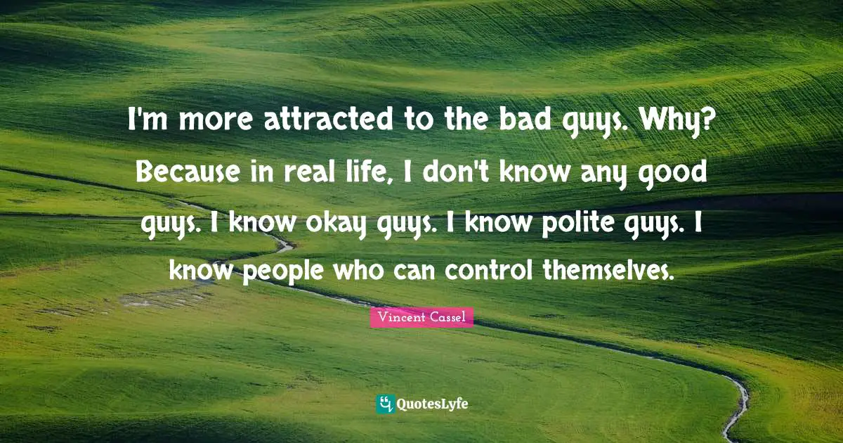 I'm more attracted to the bad guys. Why? Because in real life, I don't know any good guys. I know okay guys. I know polite guys. I know people who can control themselves.