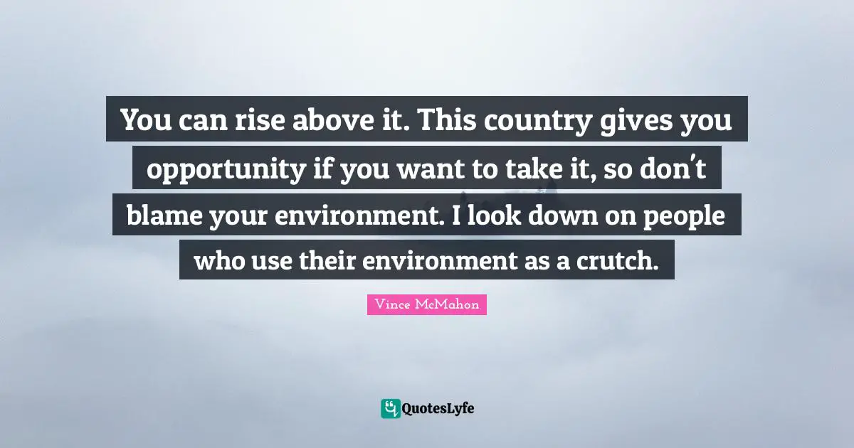 Rise Quotes: "You can rise above it. This country gives you opportunity if you want to take it, so don't blame your environment. I look down on people who use their environment as a crutch."