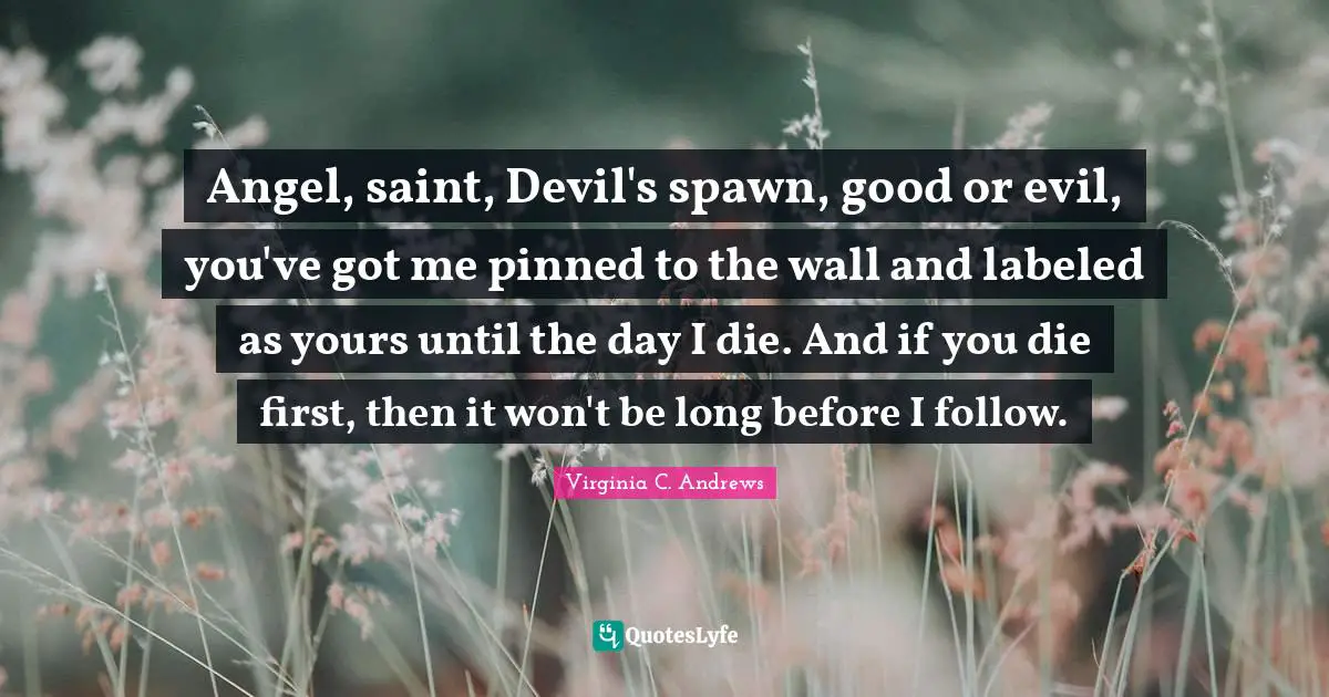 Angel, saint, Devil's spawn, good or evil, you've got me pinned to the wall and labeled as yours until the day I die. And if you die first, then it won't be long before I follow.