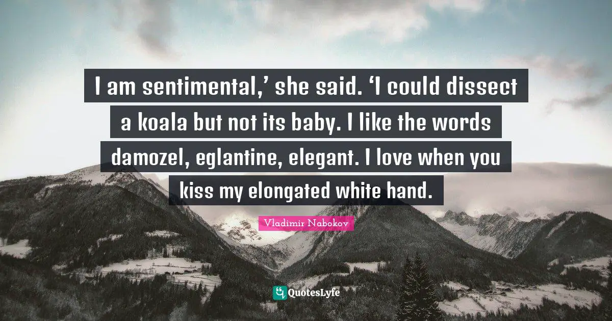 I am sentimental,’ she said. ‘I could dissect a koala but not its baby. I like the words damozel, eglantine, elegant. I love when you kiss my elongated white hand.