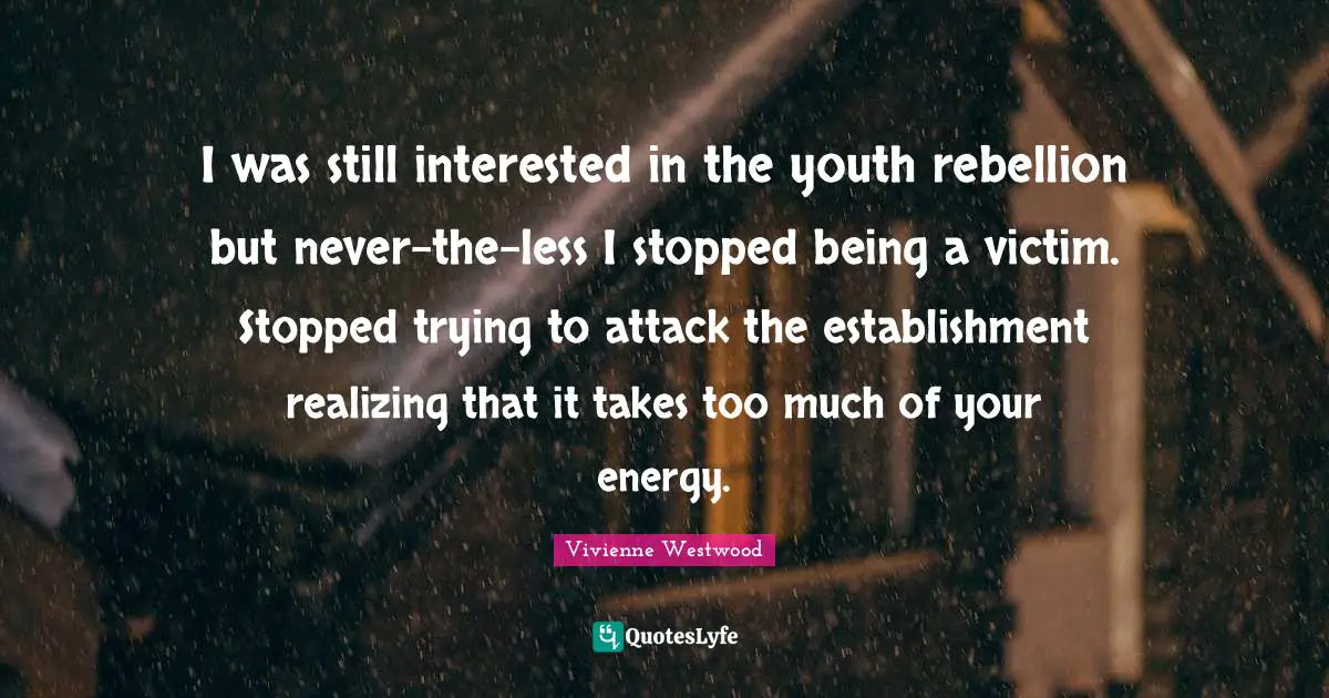 I was still interested in the youth rebellion but never-the-less I stopped being a victim. Stopped trying to attack the establishment realizing that it takes too much of your energy.
