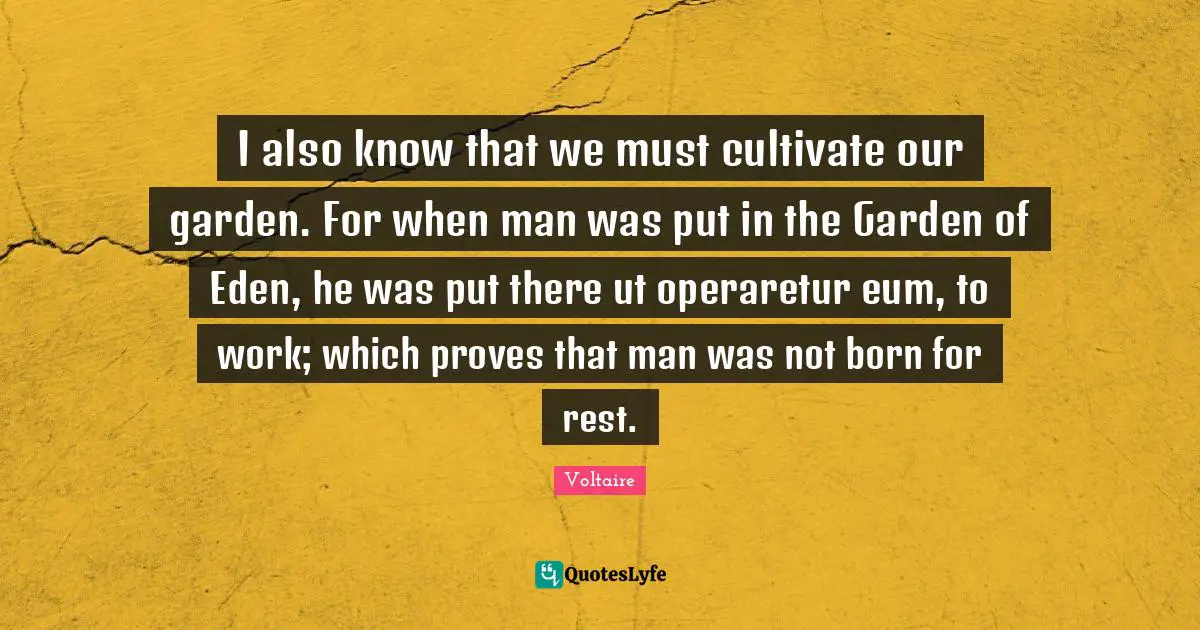 I also know that we must cultivate our garden. For when man was put in the Garden of Eden, he was put there ut operaretur eum, to work; which proves that man was not born for rest.