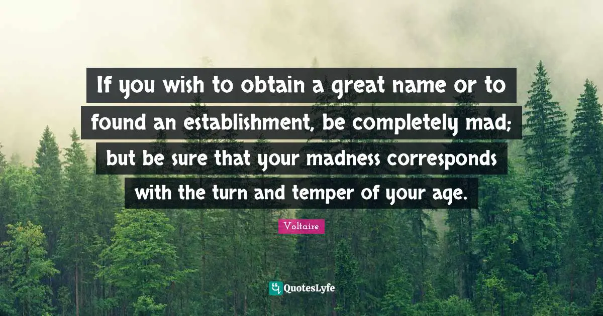 If you wish to obtain a great name or to found an establishment, be completely mad; but be sure that your madness corresponds with the turn and temper of your age.