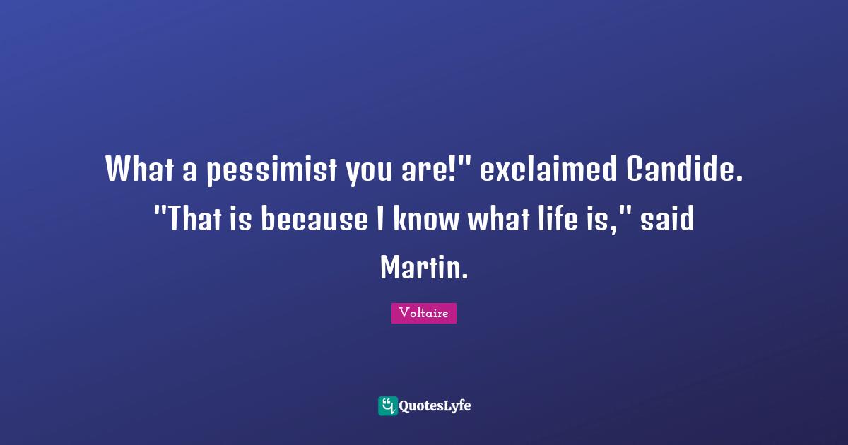 What a pessimist you are!" exclaimed Candide. "That is because I know what life is," said Martin.