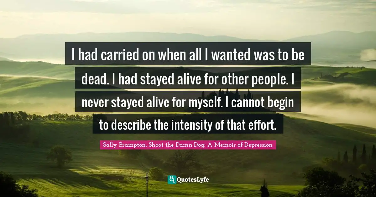 I had carried on when all I wanted was to be dead. I had stayed alive for other people. I never stayed alive for myself. I cannot begin to describe the intensity of that effort.