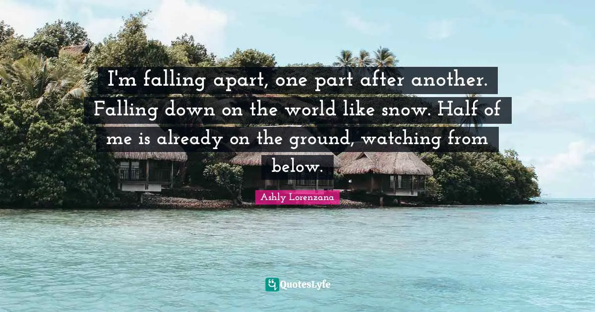 I'm falling apart, one part after another. Falling down on the world like snow. Half of me is already on the ground, watching from below.