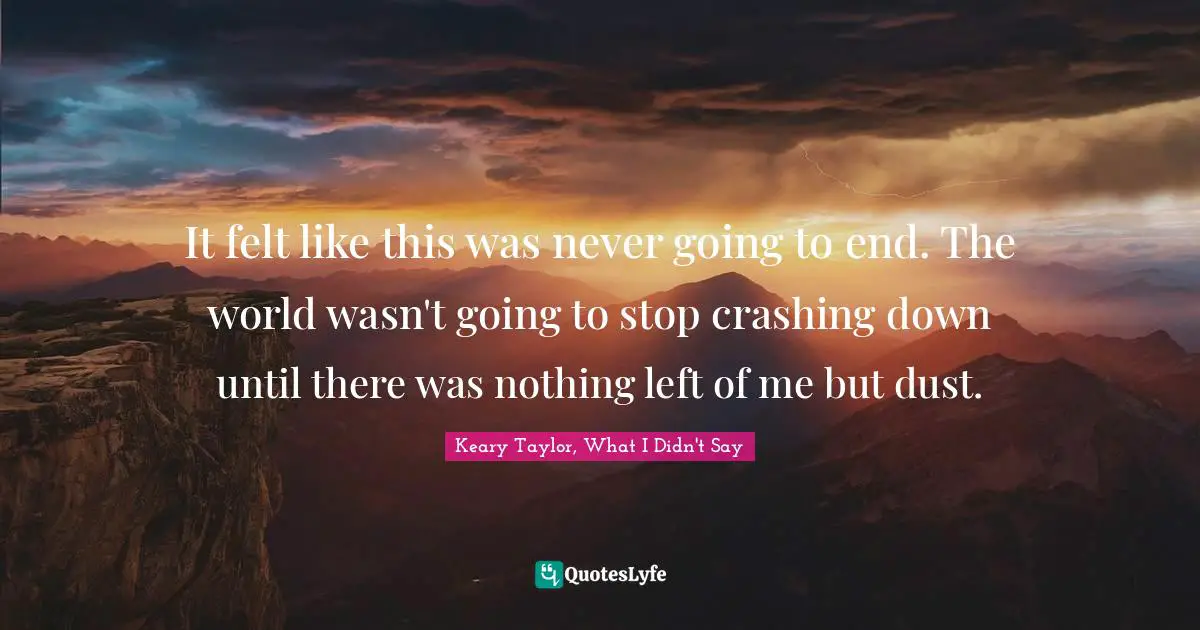 It felt like this was never going to end. The world wasn't going to stop crashing down until there was nothing left of me but dust.