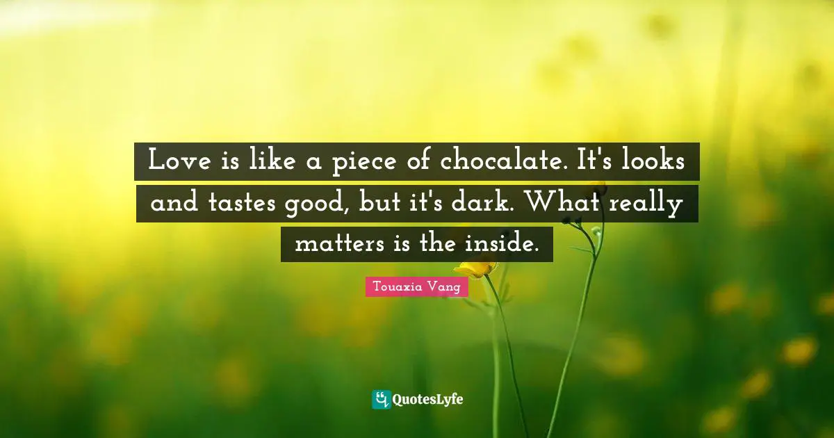 Love is like a piece of chocalate. It's looks and tastes good, but it's dark. What really matters is the inside.