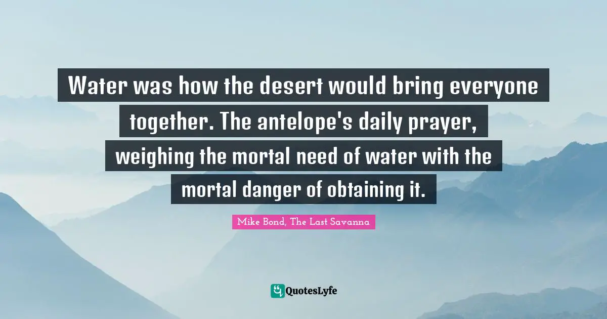 Water was how the desert would bring everyone together. The antelope's daily prayer, weighing the mortal need of water with the mortal danger of obtaining it.