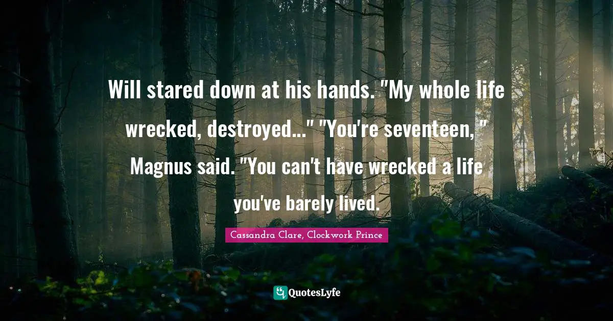 Will stared down at his hands. "My whole life wrecked, destroyed..." "You're seventeen, " Magnus said. "You can't have wrecked a life you've barely lived.