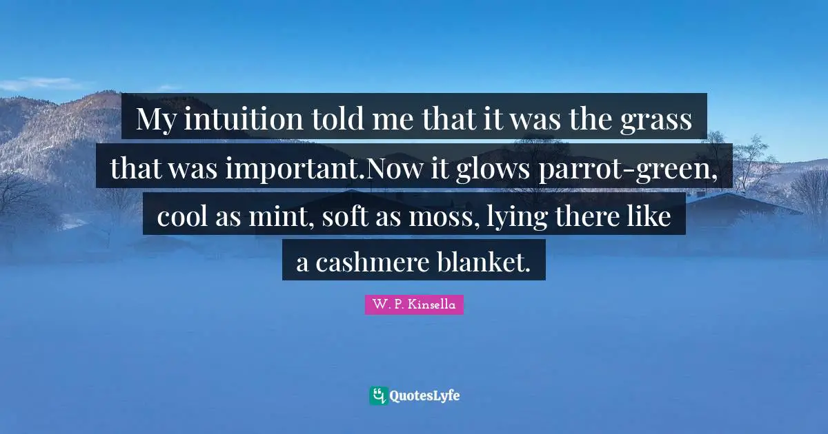 My intuition told me that it was the grass that was important.Now it glows parrot-green, cool as mint, soft as moss, lying there like a cashmere blanket.