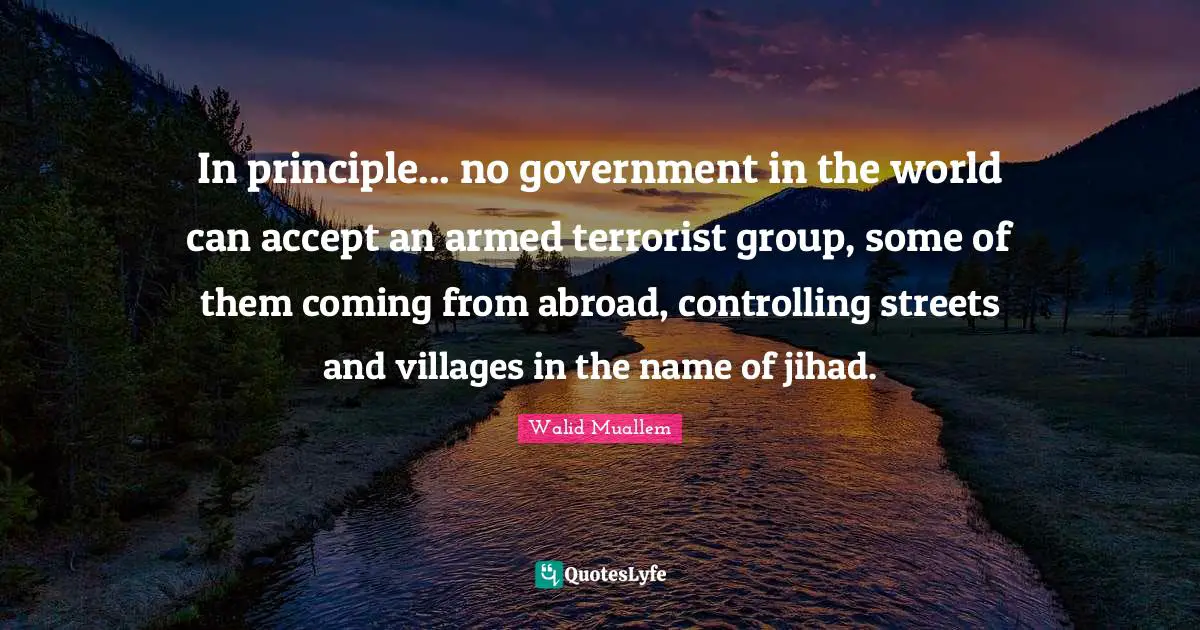 Jihad Quotes: "In principle... no government in the world can accept an armed terrorist group, some of them coming from abroad, controlling streets and villages in the name of jihad."