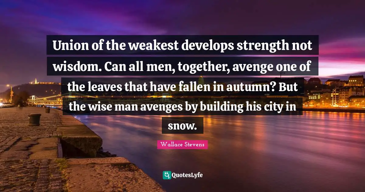 Union of the weakest develops strength not wisdom. Can all men, together, avenge one of the leaves that have fallen in autumn? But the wise man avenges by building his city in snow.