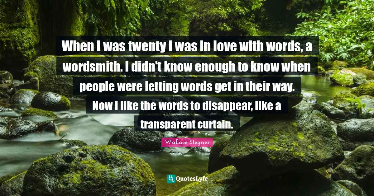 When I was twenty I was in love with words, a wordsmith. I didn't know enough to know when people were letting words get in their way. Now I like the words to disappear, like a transparent curtain.
