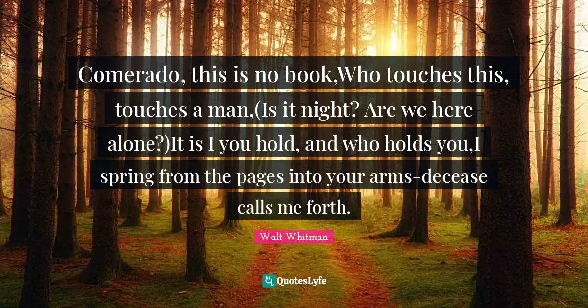 Comerado, this is no book,Who touches this, touches a man,(Is it night? Are we here alone?)It is I you hold, and who holds you,I spring from the pages into your arms-decease calls me forth.