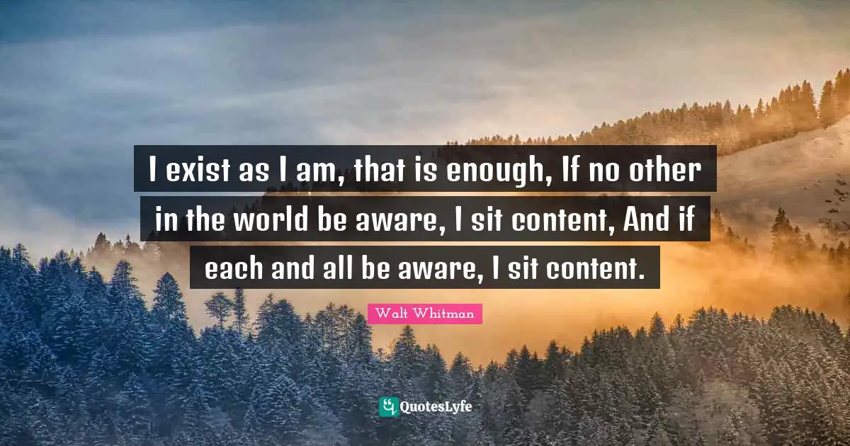 Leaves Of Grass Quotes: "I exist as I am, that is enough, If no other in the world be aware, I sit content, And if each and all be aware, I sit content."